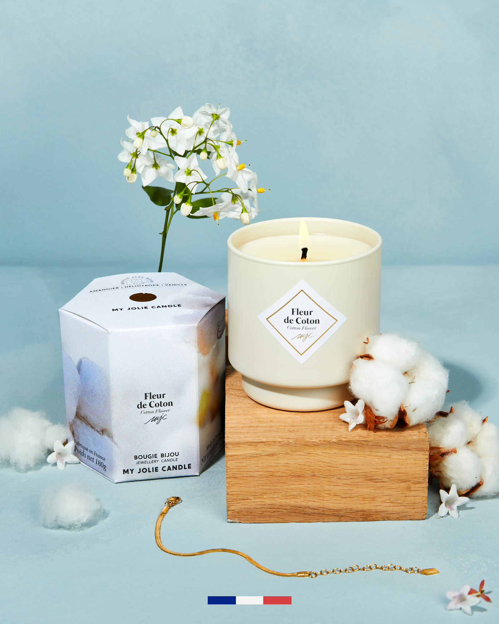 Geurkaars met sieraad Fleur de Coton