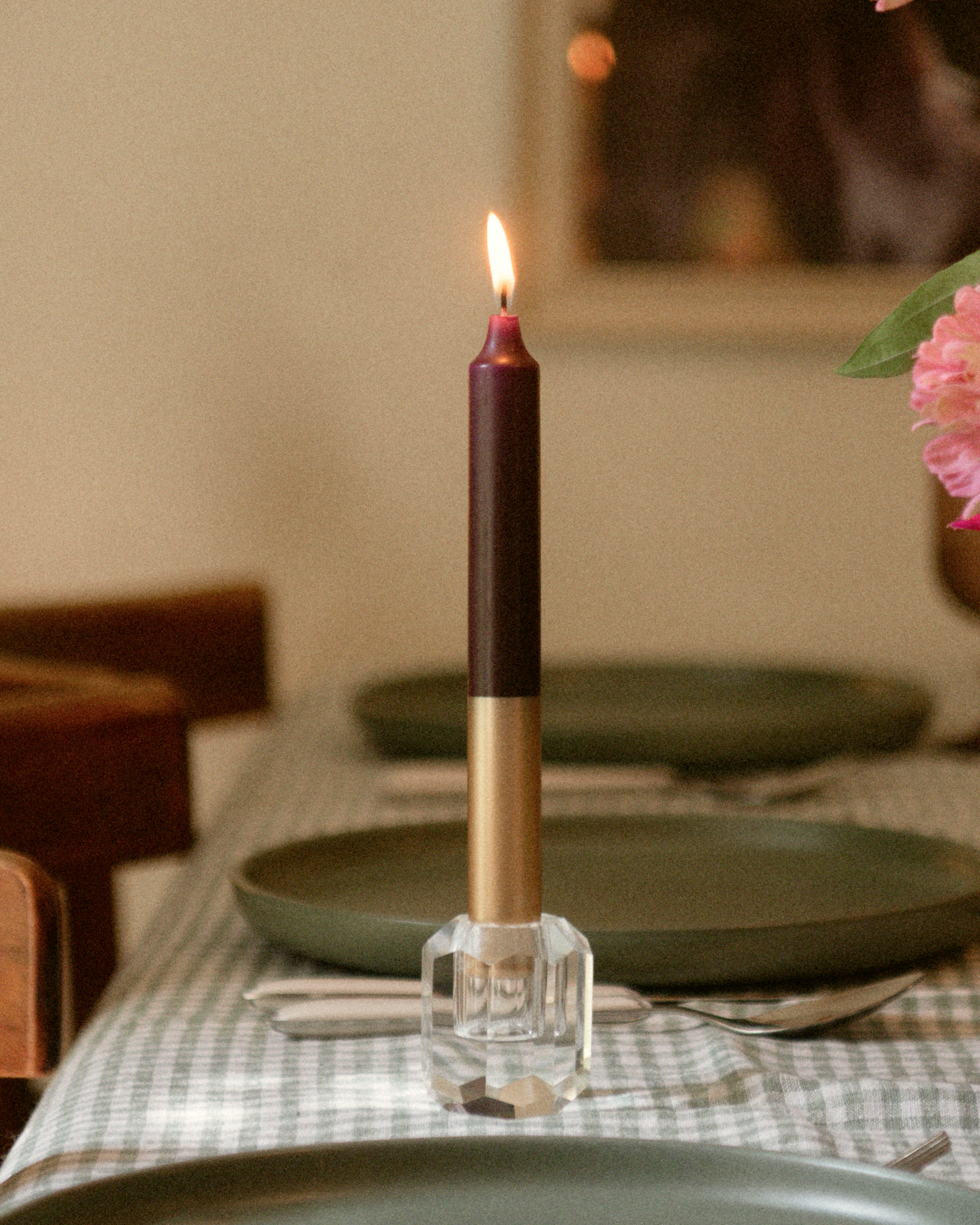 Tweekleurige stompkaars Aubergine & Goud